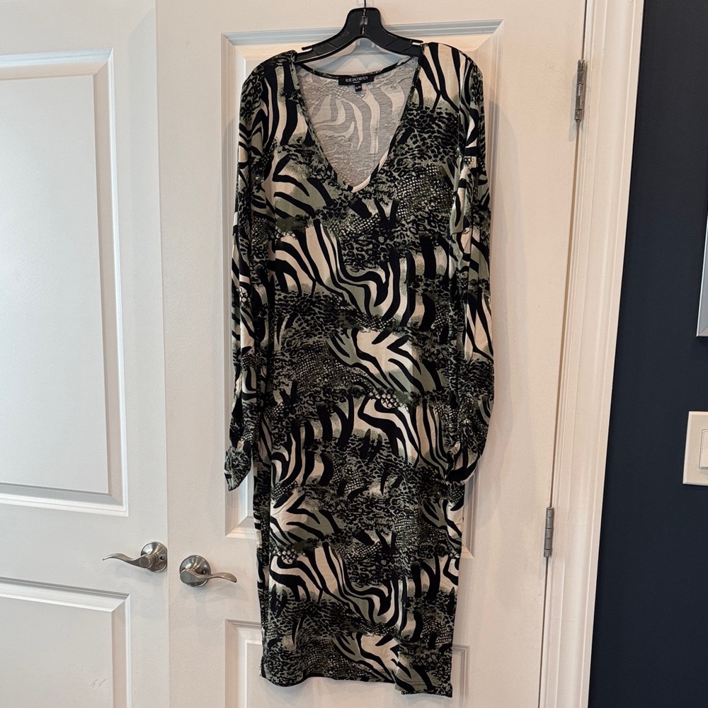 Ilse Jacobsen Black, Green & Cream Animal-Print V-Neck Long Sleeve Dress